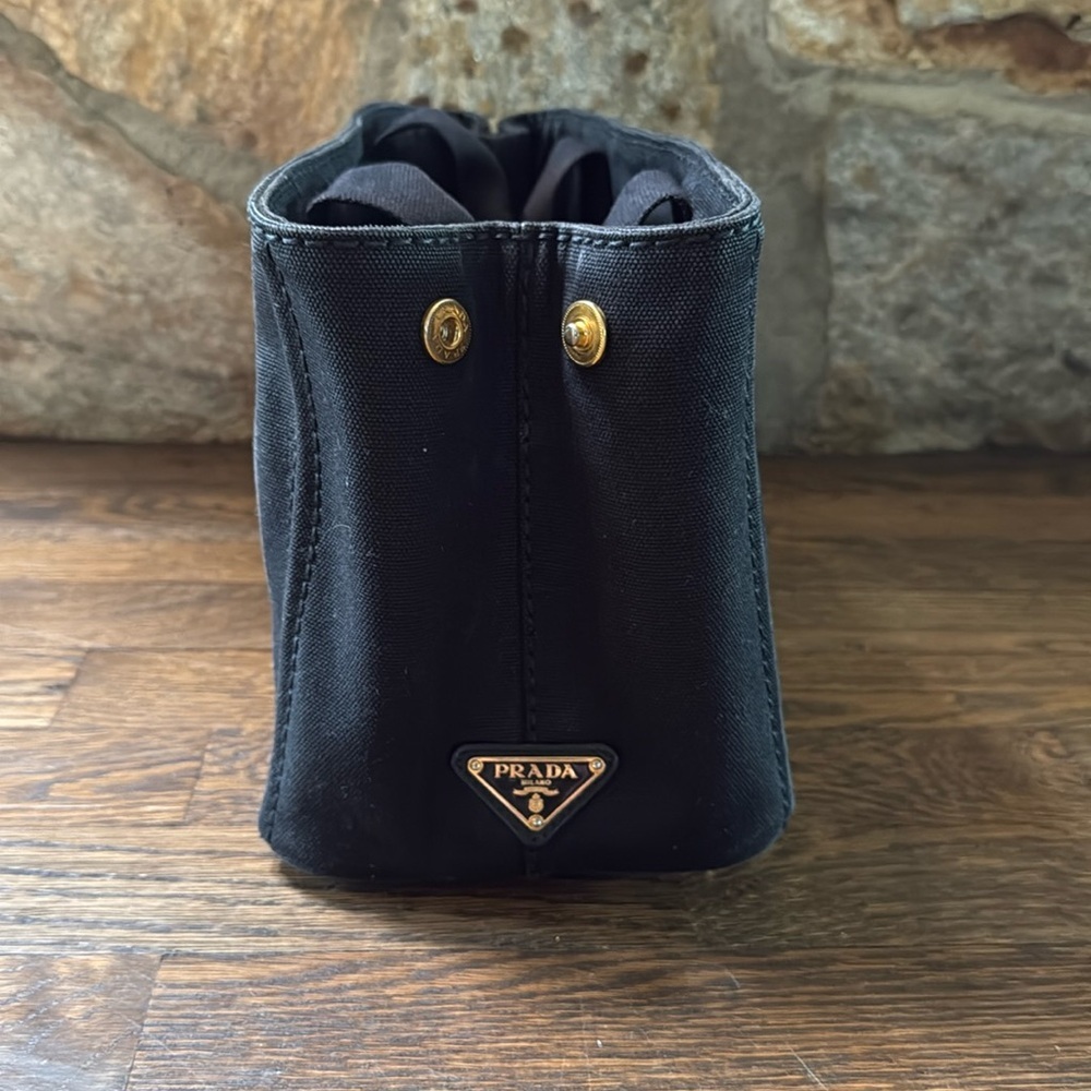 Authentic PRADA Canapa Canvas Shoulder Hand Bag Purse Black small size tote - Picture 16 of 17